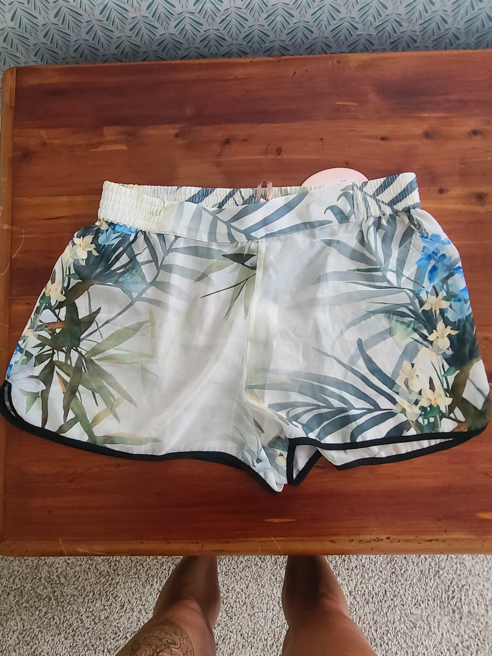 Ted Baker White Tropical Leaf Athletic Shorts with Blue Accents
